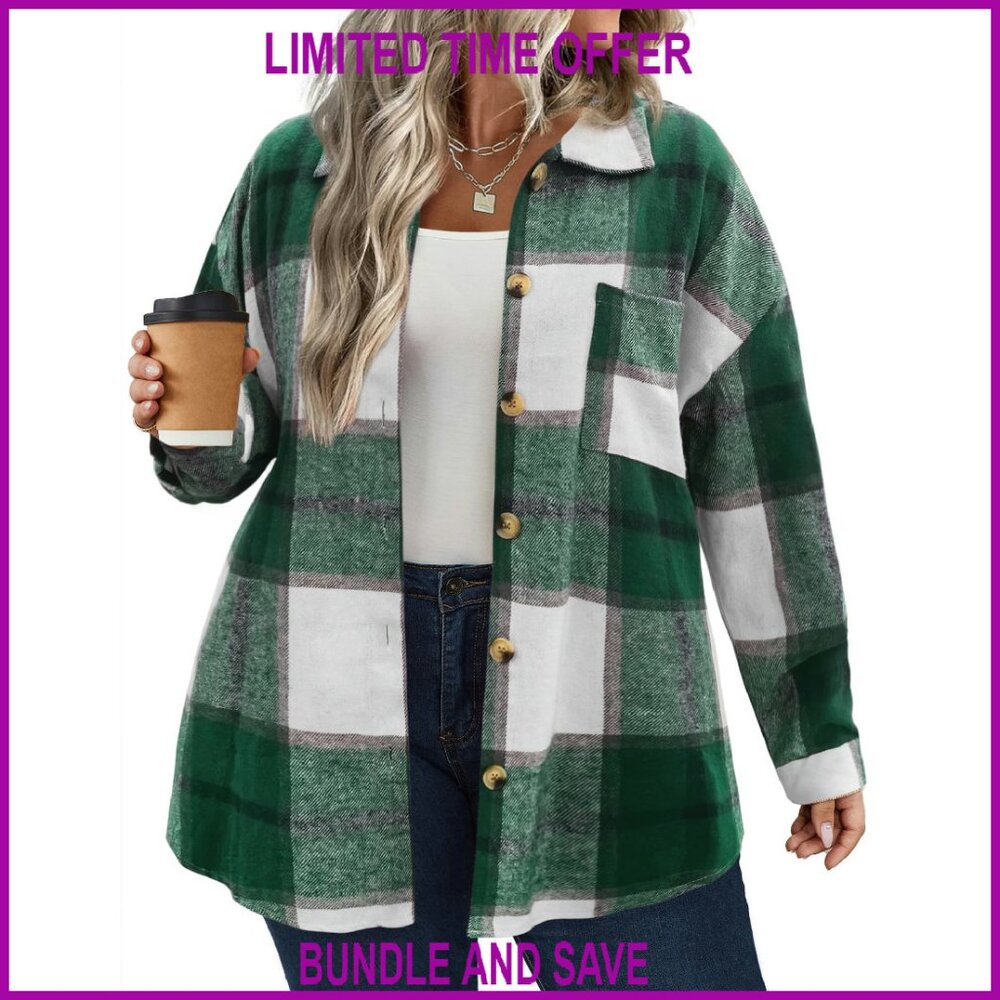 Plus Size Plaid Shacket Flannel Button Down Casual Jacket Women's